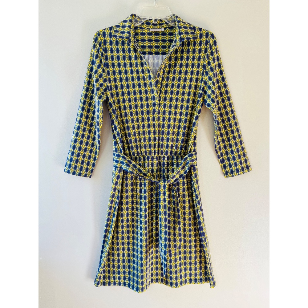 Ellie Kai Sz S Purple Yellow V Neck Midi Dress Geo Print Soft‎ Stretch A Line